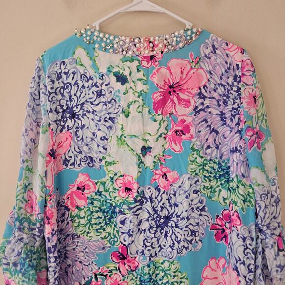Lilly Pulitzer Elenora Silk Dress Floral Pearls Beaded Womens Size Large - Picture 12 of 13